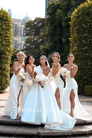 White Strapless Slit Sheath Floor Length Bridesmaid Dresses