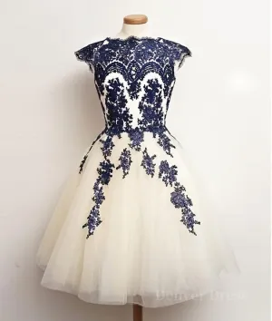 White Tulle Short Navy Blue Lace Prom Dresses Short Blue Lace Homecoming Dresses