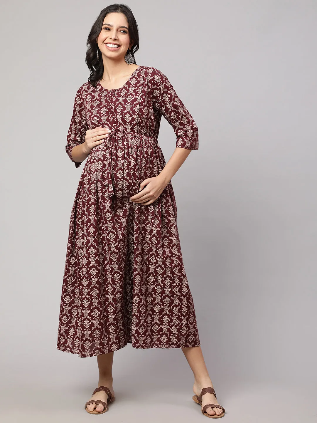 Women Burgundy Printed Maternity Dress