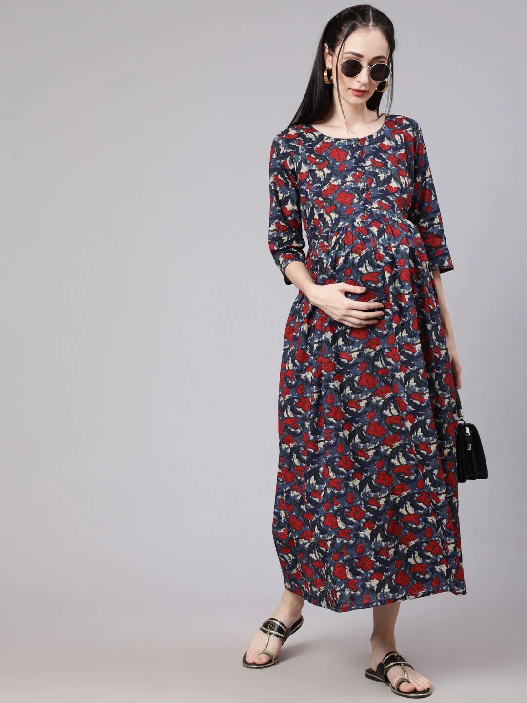 Women Multi Ethnic Printed Flared Maternity Dress