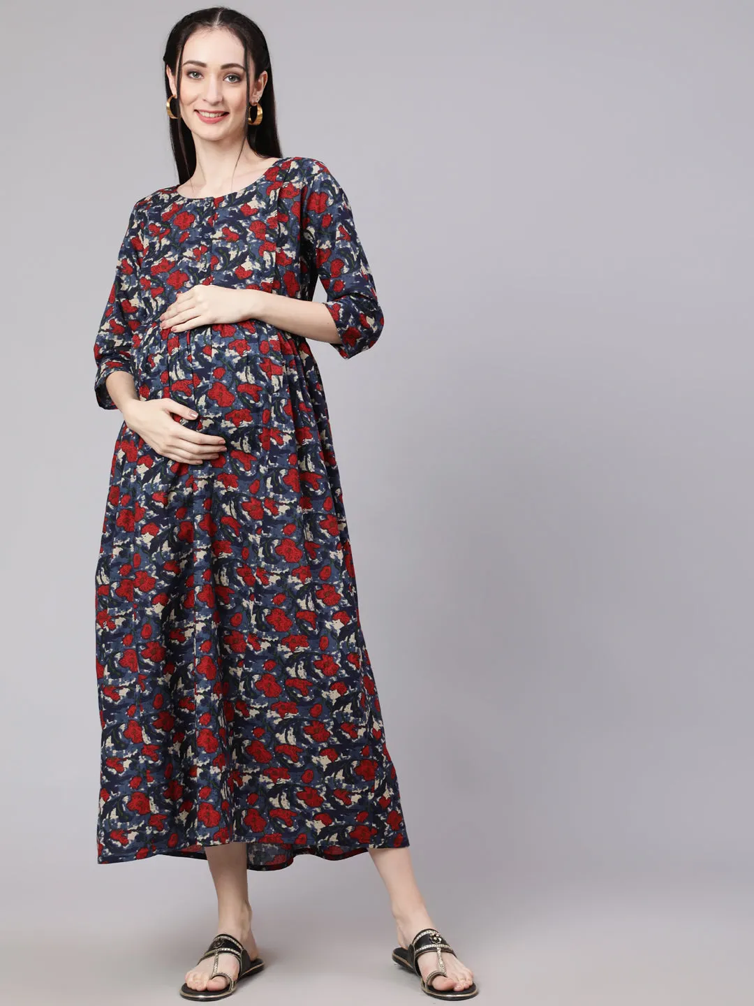 Women Multi Ethnic Printed Flared Maternity Dress