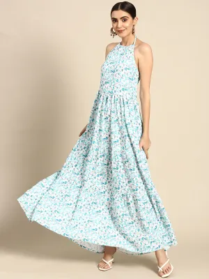 Women Off White & Green Halter Dress