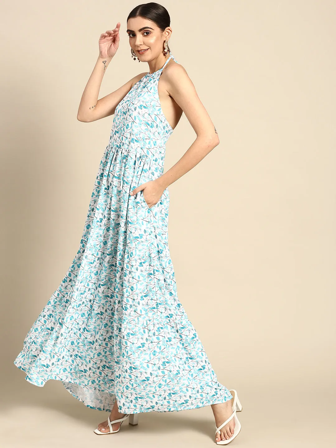 Women Off White & Green Halter Dress