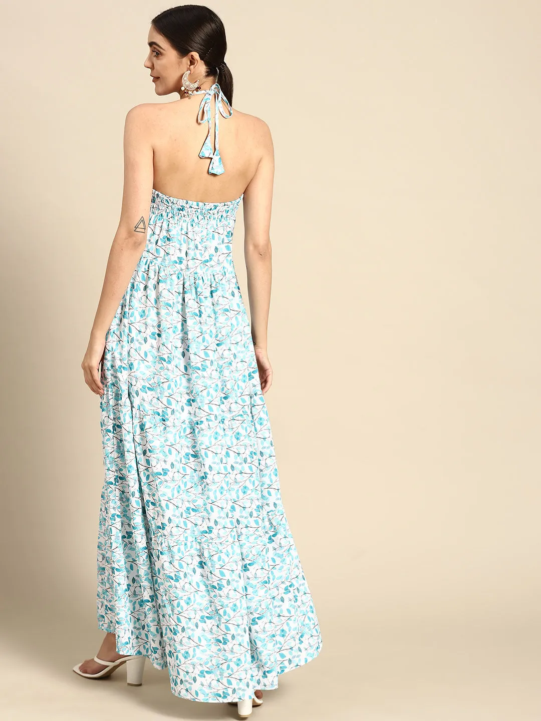 Women Off White & Green Halter Dress