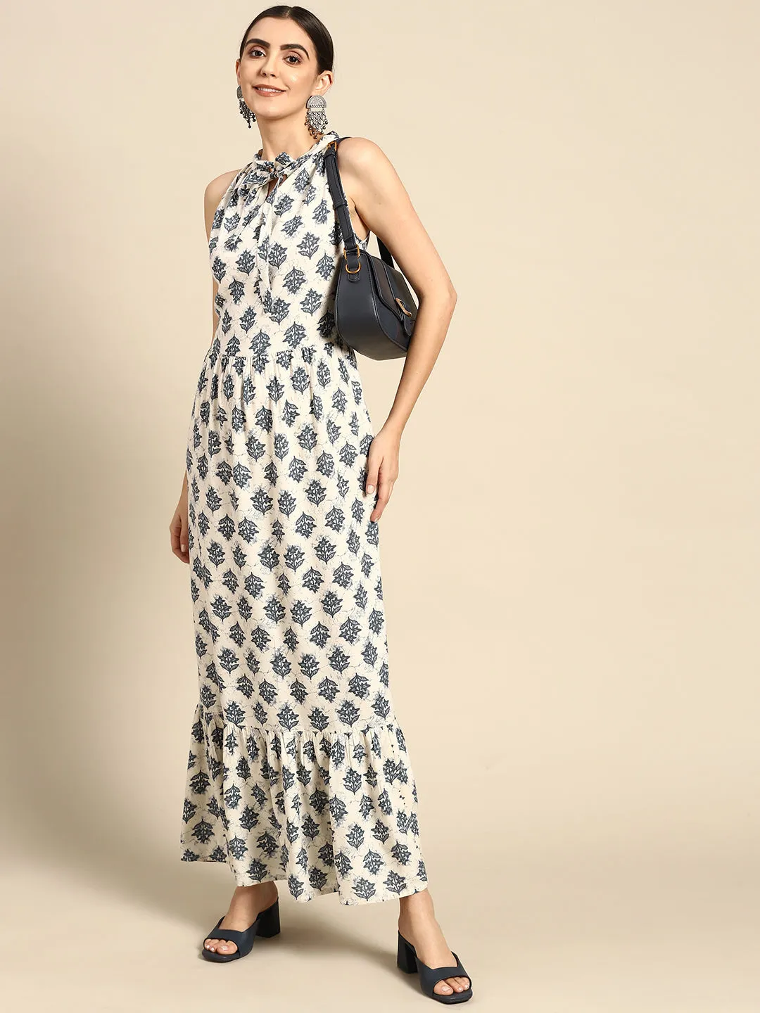 Women Off White Halter Neck Dress