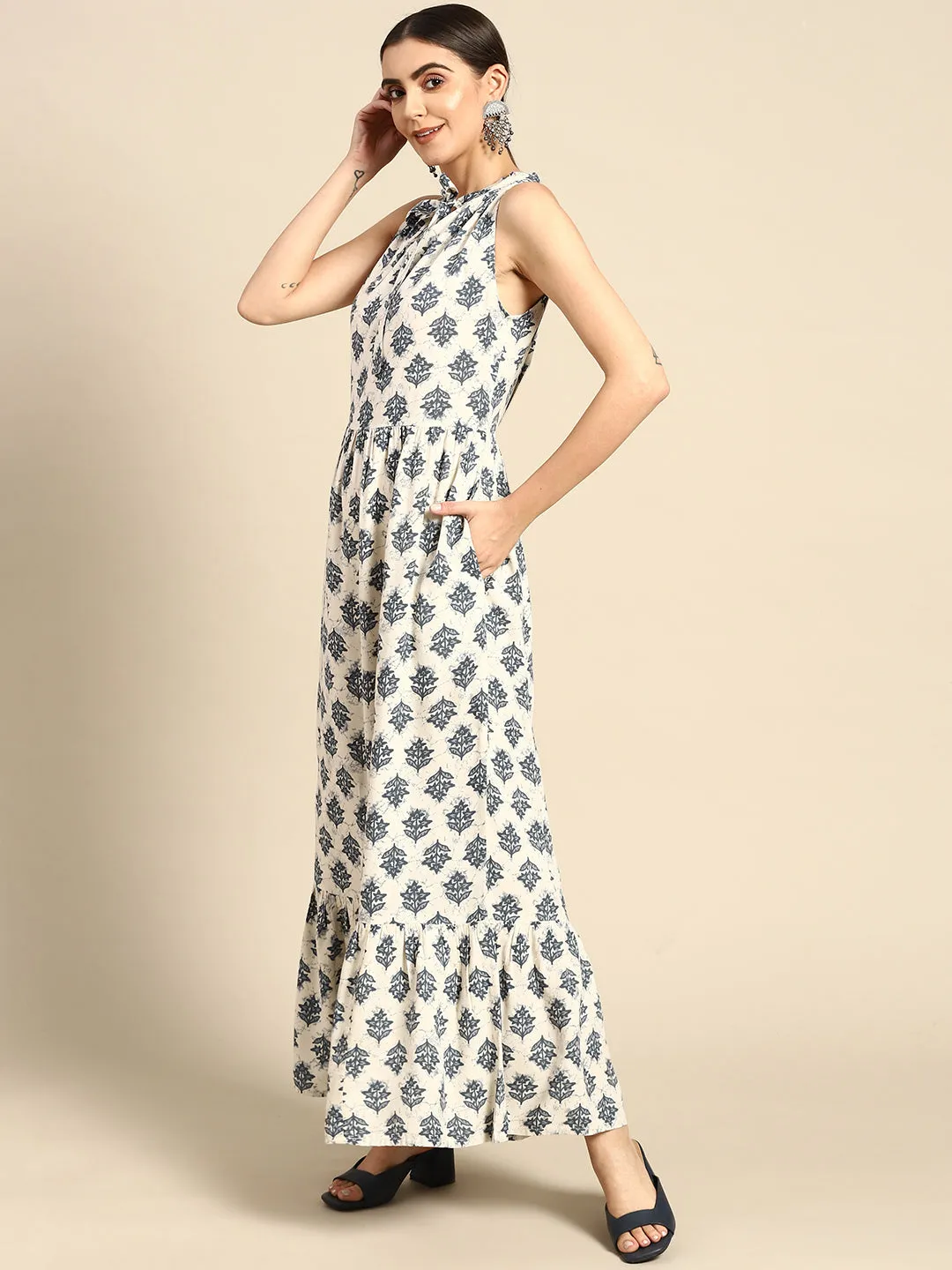 Women Off White Halter Neck Dress