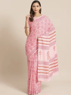 Women Pink Ethnic Print Saree With Atteched Blouse Piece