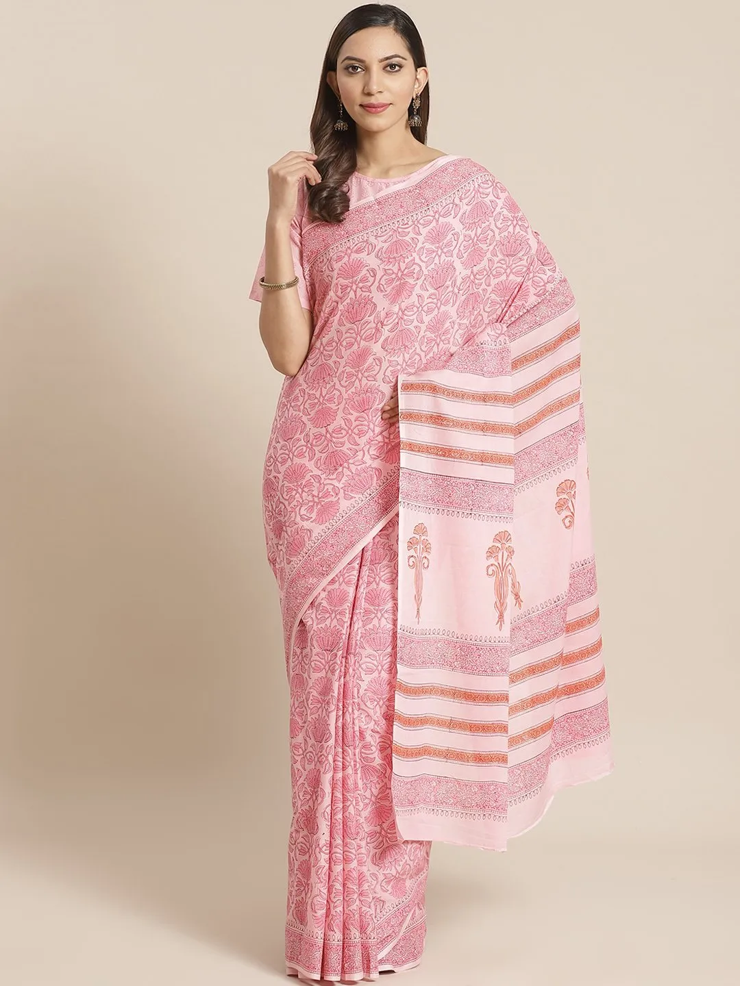 Women Pink Ethnic Print Saree With Atteched Blouse Piece