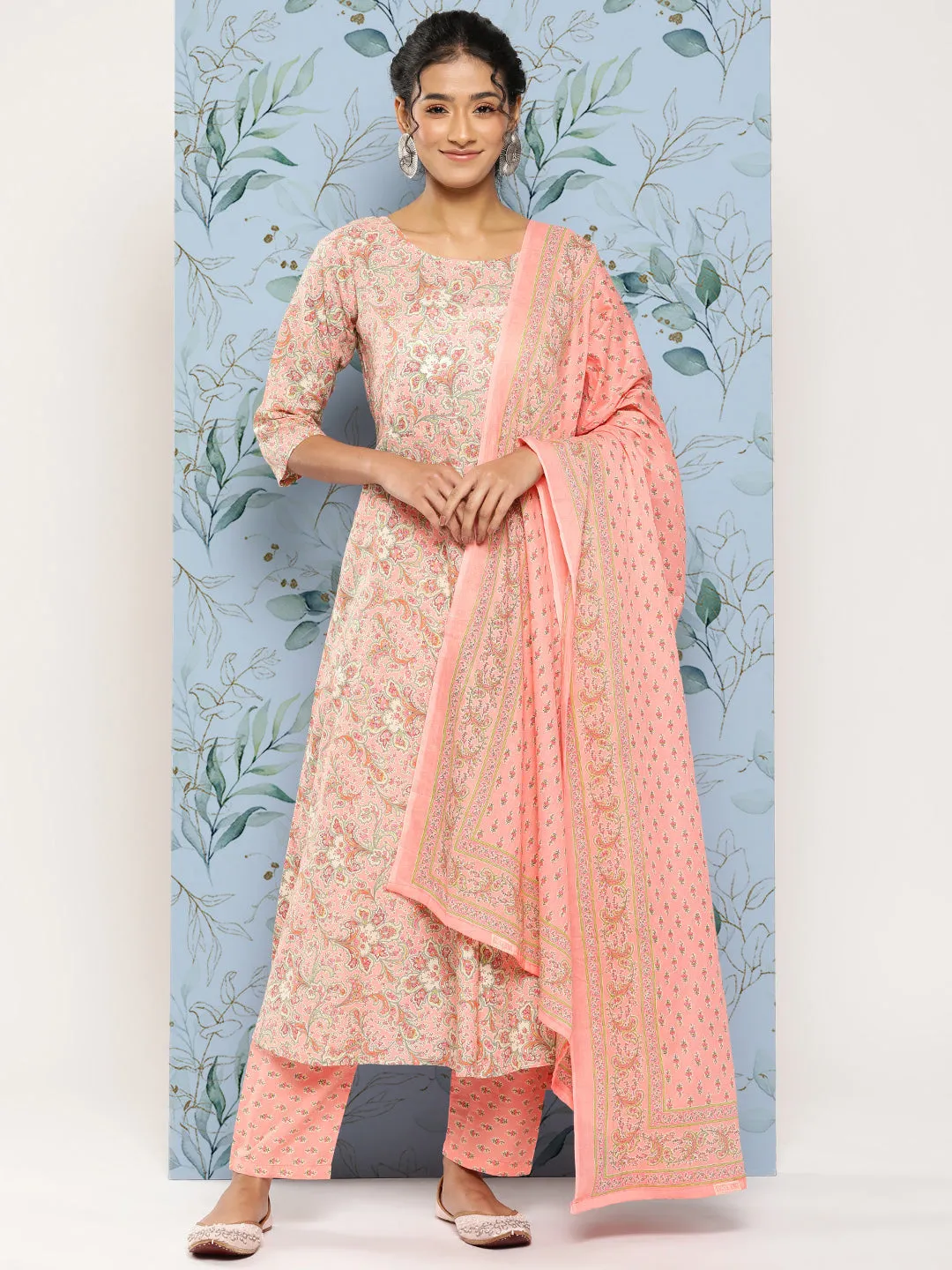Women Pink Ethnic Printed Kurta With Palazzo And Dupatta