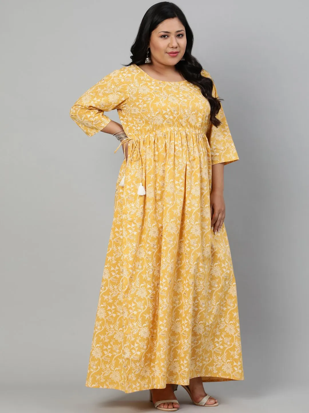 Women Yellow & Gold Floral Printed Kurta With Plazo & Dupatta